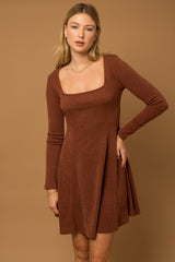 Brown Square Neck Long Sleeve Maternity Dress