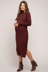 Brown Long Sleeve Turtleneck Maternity Sweater Dress