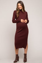 Brown Long Sleeve Turtleneck Maternity Sweater Dress