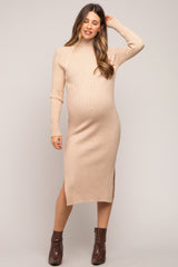 Beige Long Sleeve Turtleneck Maternity Sweater Dress