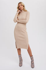 Beige Long Sleeve Turtleneck Maternity Sweater Dress