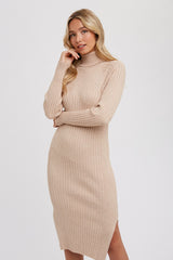 Beige Long Sleeve Turtleneck Sweater Dress