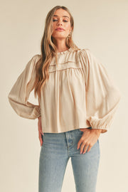 Cream Pintuck Yoke Top With Long Puff Sleeves