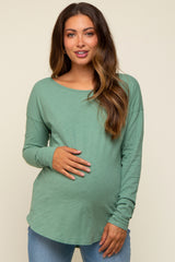 Green Long Sleeve Curved Hem Maternity Top