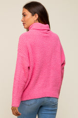 Pink Ribbed Boucle Knit Turtleneck Maternity Sweater