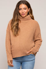 Camel Ribbed Boucle Knit Turtleneck Maternity Sweater