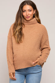 Camel Ribbed Boucle Knit Turtleneck Maternity Sweater