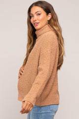 Camel Ribbed Boucle Knit Turtleneck Maternity Sweater