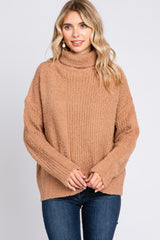 Camel Ribbed Boucle Knit Turtleneck Sweater