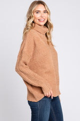 Camel Ribbed Boucle Knit Turtleneck Sweater