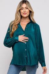 Teal Plisse Button Up Long Sleeve Maternity Top