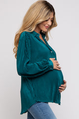 Teal Plisse Button Up Long Sleeve Maternity Top