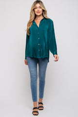 Teal Plisse Button Up Long Sleeve Maternity Top