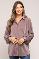 Taupe Plisse Button Up Long Sleeve Maternity Top