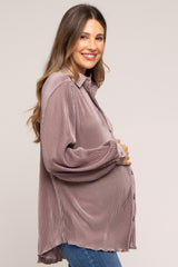 Taupe Plisse Button Up Long Sleeve Maternity Top