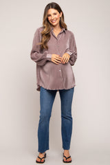 Taupe Plisse Button Up Long Sleeve Maternity Top