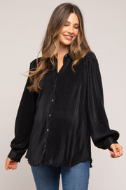 Black Plisse Button Up Long Sleeve Maternity Top