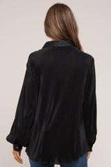 Black Plisse Button Up Long Sleeve Maternity Top