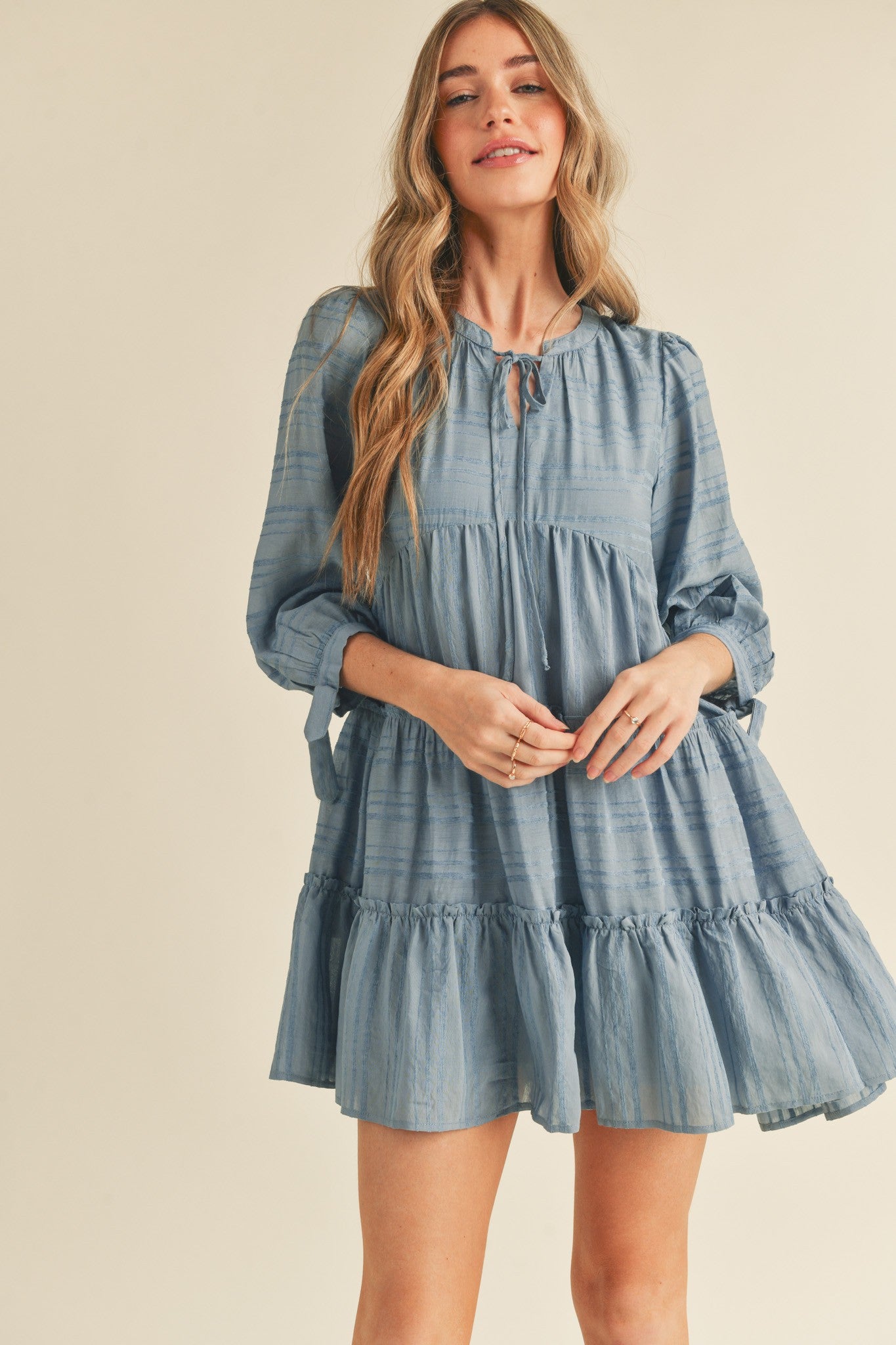 Dusty Denim Blue Tiered Long Sleeve Mini Dress – PinkBlush