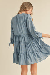 Dusty Denim Blue Tiered Long Sleeve Mini Dress