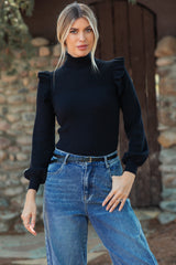 Black Shoulder Ruffle Turtleneck Sweater