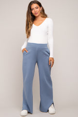 Blue Soft Wide Leg Side Slit Maternity Sweatpants