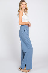 Blue Soft Wide Leg Side Slit Sweatpants