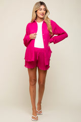 Fuchsia Pleated Long Sleeve Maternity Short Set