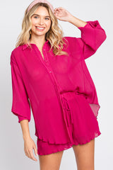 Fuchsia Pleated Long Sleeve Maternity Short Set