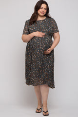 Forest Green Floral Pleated Chiffon Maternity Plus Midi Dress