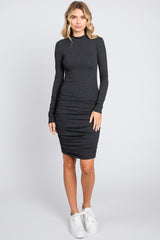 Charcoal Ribbed Mock Neck Ruched Long Sleeve Maternity Dress