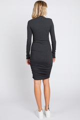 Charcoal Ribbed Mock Neck Ruched Long Sleeve Dress