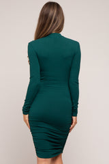 Green Ribbed Mock Neck Ruched Long Sleeve Maternity Dress