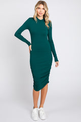 Green Ribbed Mock Neck Ruched Long Sleeve Maternity Dress