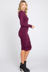 Plum Ribbed Mock Neck Ruched Long Sleeve Dress