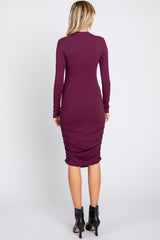 Plum Ribbed Mock Neck Ruched Long Sleeve Dress