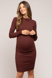 Brown Ribbed Mock Neck Ruched Long Sleeve Maternity Dress