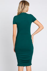 Hunter Green Ribbed Ruched Short Sleeve Dress