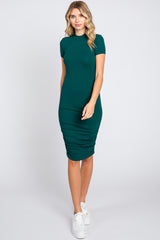 Hunter Green Ribbed Ruched Short Sleeve Dress