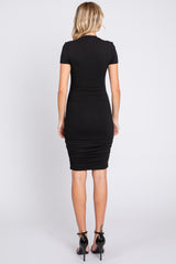 Black Ribbed Ruched Short Sleeve Dress