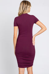 Plum Ribbed Ruched Short Sleeve Dress