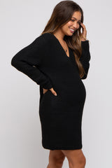 Black V-Neck Oversized Maternity Sweater Dress