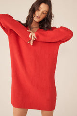 Red V-Neck Oversized Maternity Sweater Dress