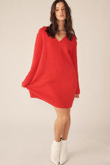 Red V-Neck Oversized Sweater Dress