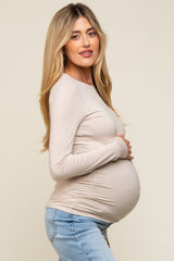 Beige Basic Long Sleeve Maternity Top