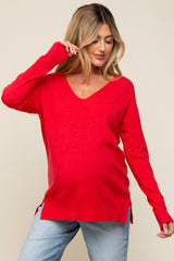 Red Long Sleeve Side Slit Maternity Sweater