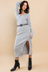 Heather Grey Long Sleeve Front Slit Sweater Maxi Dress