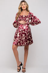 Burgundy Floral Satin Long Sleeve Maternity Dress