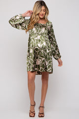 Olive Floral Satin Long Sleeve Maternity Dress