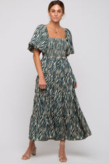 Teal Printed Smocked Maxi Dress